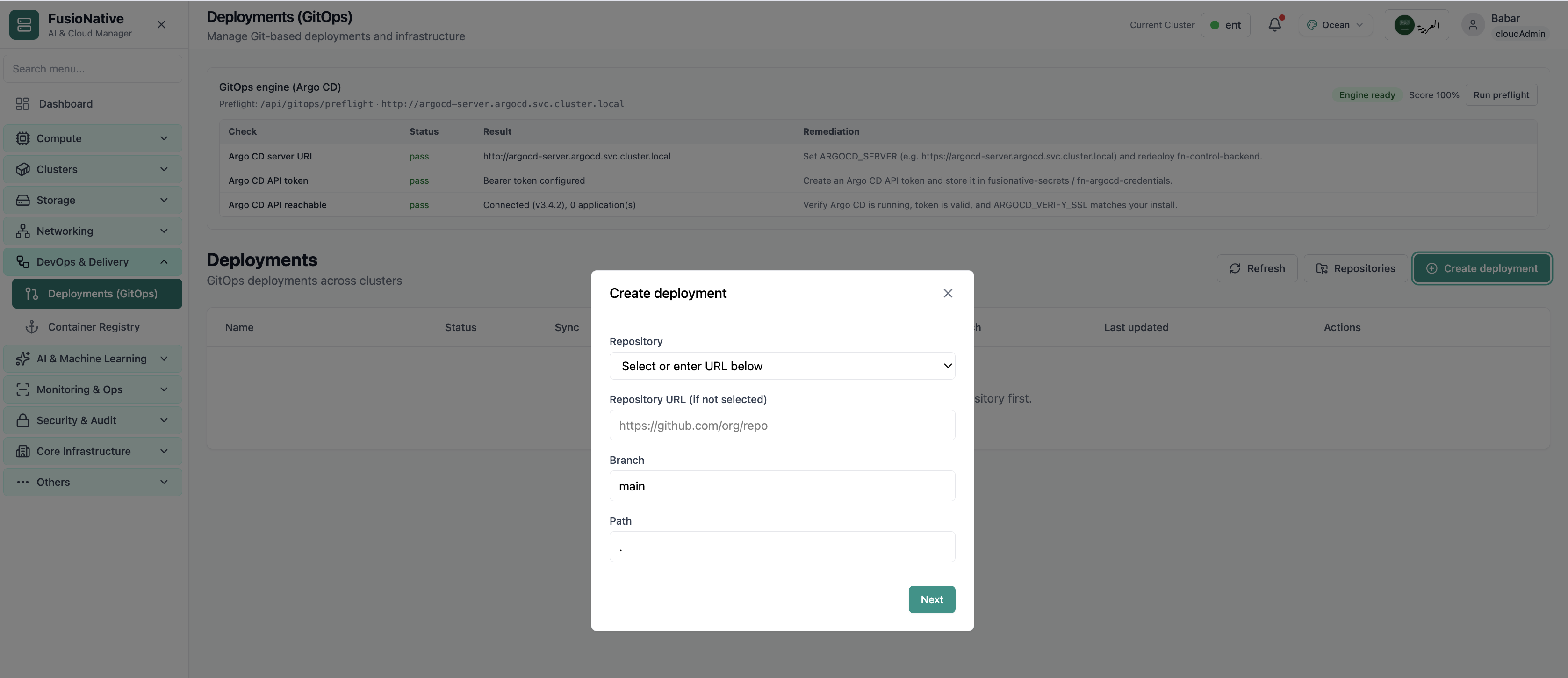 Create GitOps deployment modal.